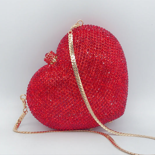 Diamond-encrusted Evening Bag European And American Solid Color Full-diamond Clutch Bag Red Dress Heart-shaped Crystal Diamond Women&#039;s Bag Chain