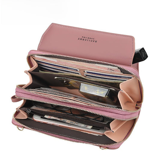 Fashionable Long Ladies Wallet Double Zipper Korean Style Mobile Phone Bag Single Shoulder Bag Fresh Sweet PU Medium Square Bag