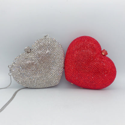 Diamond-encrusted Evening Bag European And American Solid Color Full-diamond Clutch Bag Red Dress Heart-shaped Crystal Diamond Women&#039;s Bag Chain