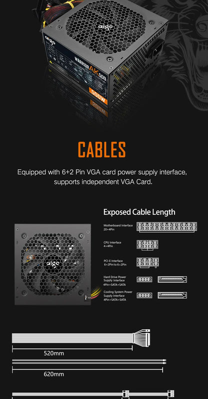 Aigo AK 500W PC PSU Power Supply Unit Black Gaming Quiet 120mm RGB Fan 24pin 12V ATX Desktop Computer Power Supply for BTC