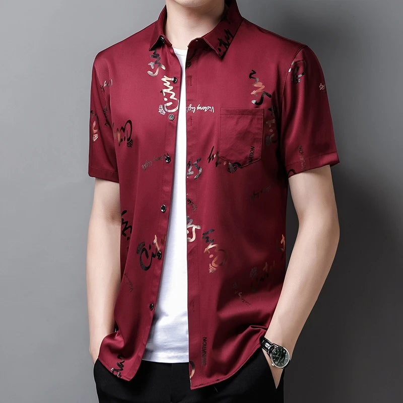 Men's Casual and Fashionable Short Sleeved Printed Shirt Wrinkle Resistant Business Top Without Ironing