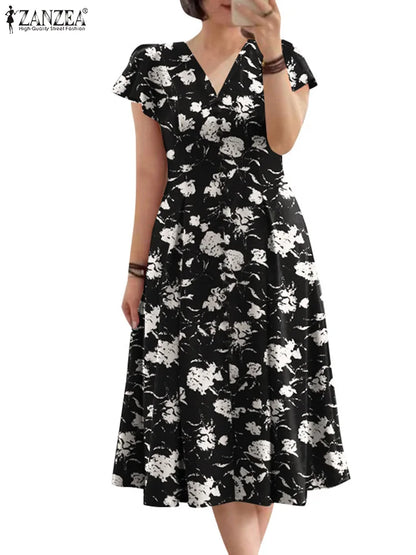 ZANZEA Ruffle Sleeve V Neck Party Sundress