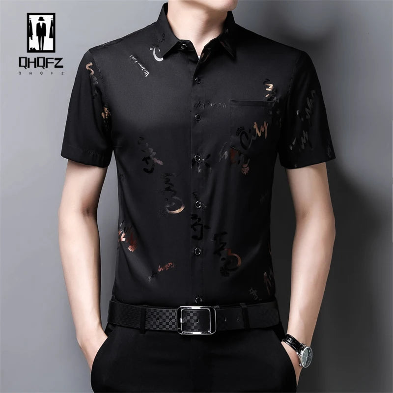 Men's Casual and Fashionable Short Sleeved Printed Shirt Wrinkle Resistant Business Top Without Ironing