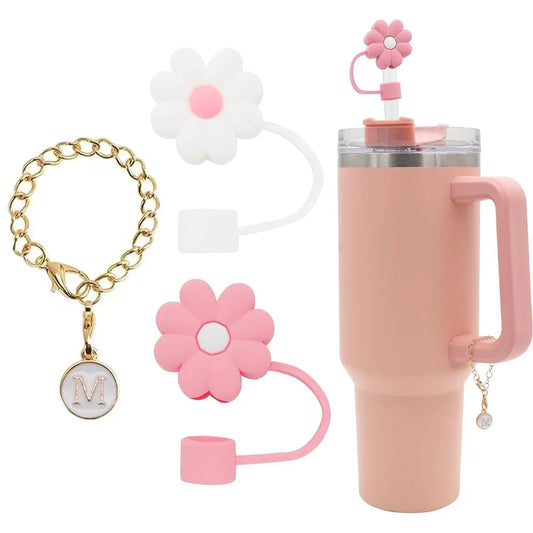 3PCS Straw Cover for Stanley Cup 30 40 Oz Tumblers Accessories 10mm Flower Silicone Straw Topper Lid with Initial Letter Charm