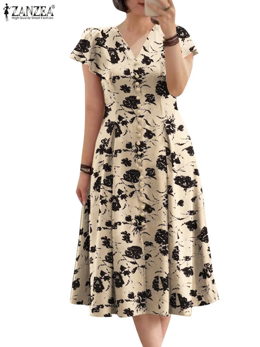 ZANZEA Ruffle Sleeve V Neck Party Sundress