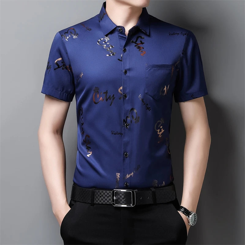 Men's Casual and Fashionable Short Sleeved Printed Shirt Wrinkle Resistant Business Top Without Ironing
