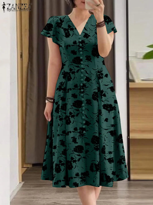 ZANZEA Ruffle Sleeve V Neck Party Sundress