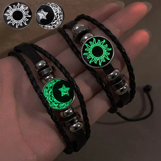 1/2Pcs Sun Moon Bracelet Luminous Adjustable Black Braided Romantic Bracelets for Friend Girlfriend Friendship Birthday Gifts