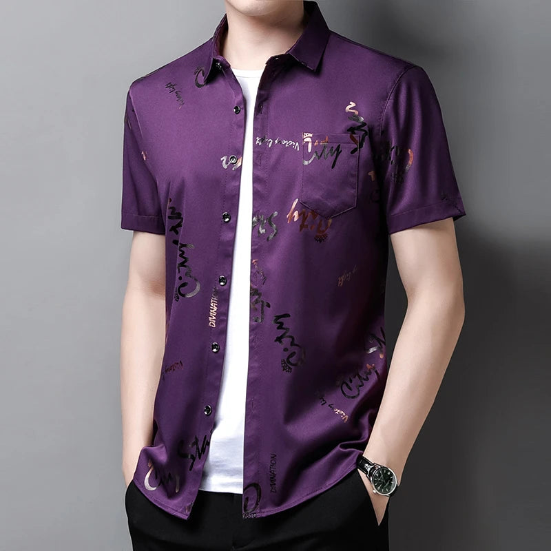 Men's Casual and Fashionable Short Sleeved Printed Shirt Wrinkle Resistant Business Top Without Ironing