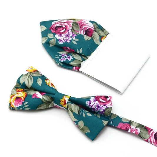 Floral Cotton Bow Tie Set Paper Pocket Square Classic Handkerchief Bowknot for Men Wedding Accessories