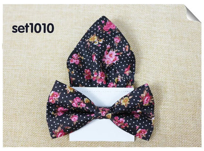Floral Cotton Bow Tie Set Paper Pocket Square Classic Handkerchief Bowknot for Men Wedding Accessories
