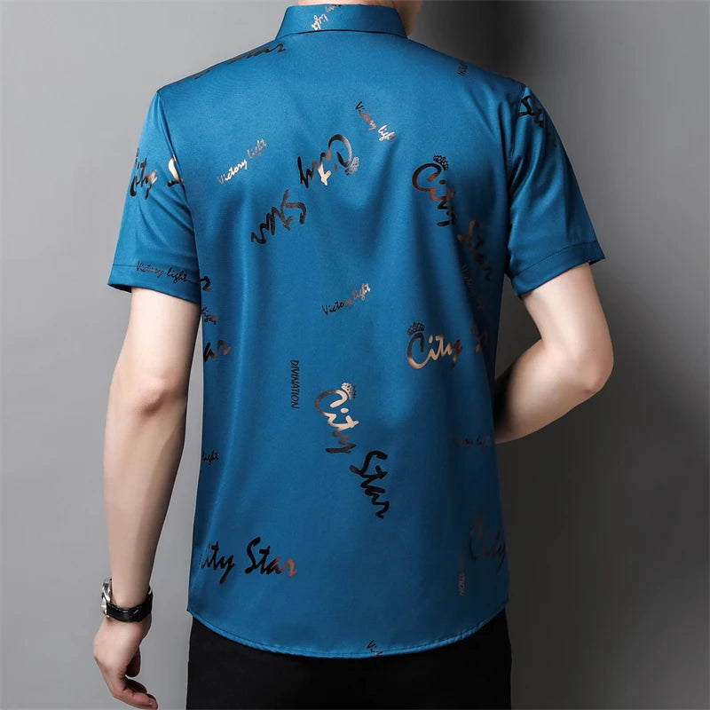 Men's Casual and Fashionable Short Sleeved Printed Shirt Wrinkle Resistant Business Top Without Ironing