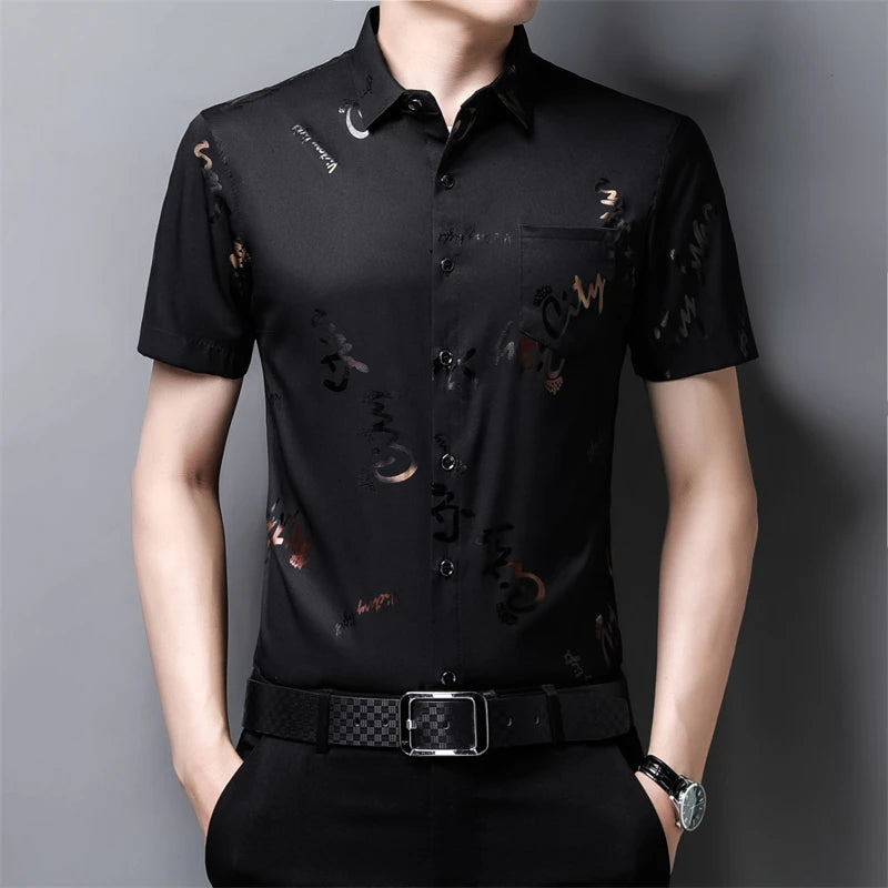 Men's Casual and Fashionable Short Sleeved Printed Shirt Wrinkle Resistant Business Top Without Ironing