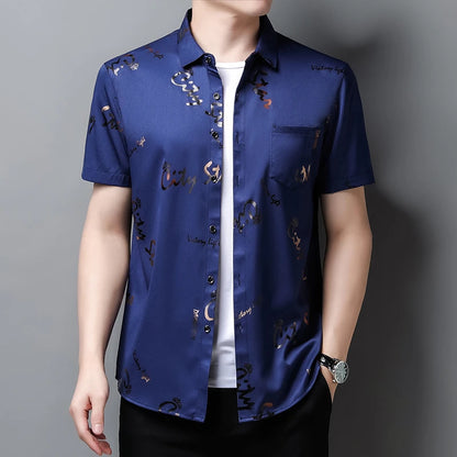 Men's Casual and Fashionable Short Sleeved Printed Shirt Wrinkle Resistant Business Top Without Ironing