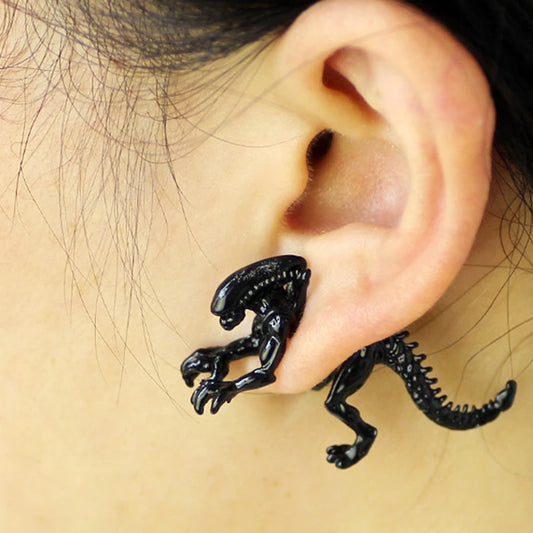 Cool Alien Earrings Black Enamel Stud Earrings For Women Animal Piercing Ear 3D Scary Dinosaur Earrings Jewelry Gifts