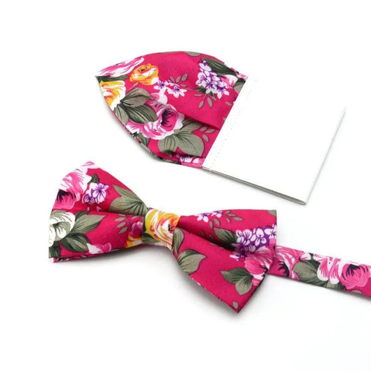 Floral Cotton Bow Tie Set Paper Pocket Square Classic Handkerchief Bowknot for Men Wedding Accessories