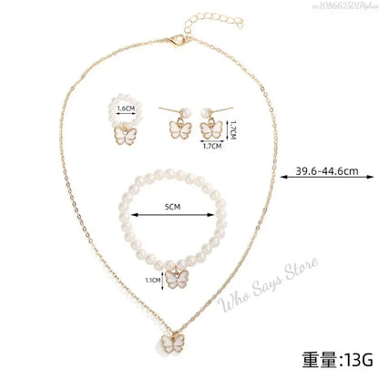 4pcs/Set Sweet Jewelry Set Butterfly Pendant Imitation Pearl Necklace for Women Pearl Earrings Girl Jewellery Women Gift