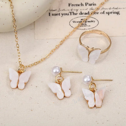 Butterfly Jewelry Sets Crystal Acrylic Romantic Bracelet Ring Necklace Earring Set for Women Wedding Dinner Dress Accessories