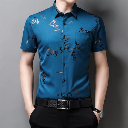 Men's Casual and Fashionable Short Sleeved Printed Shirt Wrinkle Resistant Business Top Without Ironing