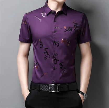 Men's Casual and Fashionable Short Sleeved Printed Shirt Wrinkle Resistant Business Top Without Ironing