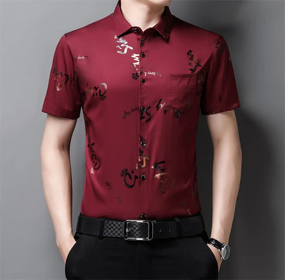 Men's Casual and Fashionable Short Sleeved Printed Shirt Wrinkle Resistant Business Top Without Ironing