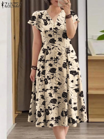 ZANZEA Ruffle Sleeve V Neck Party Sundress