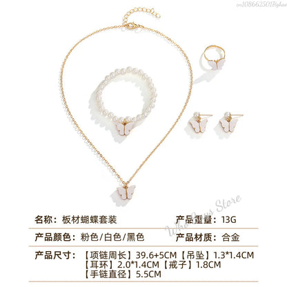 Butterfly Jewelry Sets Crystal Acrylic Romantic Bracelet Ring Necklace Earring Set for Women Wedding Dinner Dress Accessories