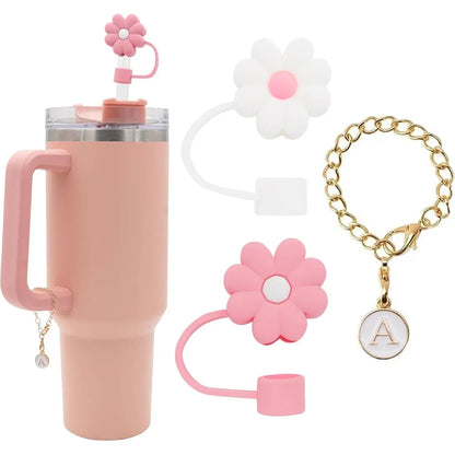 3PCS Straw Cover for Stanley Cup 30 40 Oz Tumblers Accessories 10mm Flower Silicone Straw Topper Lid with Initial Letter Charm