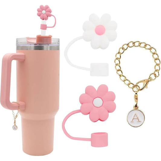 3PCS Straw Cover for Stanley Cup 30 40 Oz Tumblers Accessories 10mm Flower Silicone Straw Topper Lid with Initial Letter Charm