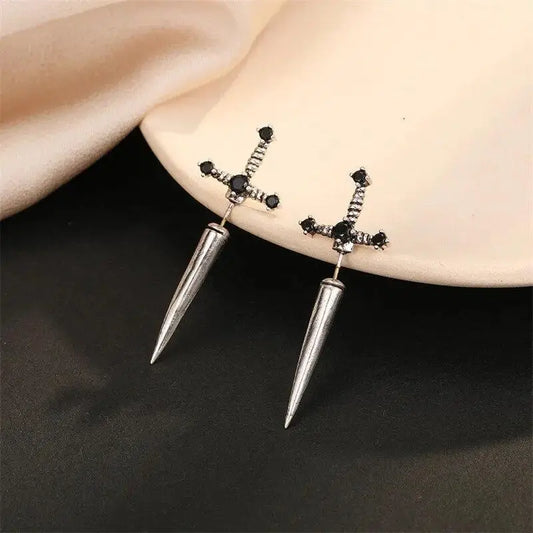 New Gothic Kinitial Sword Earrings Vintage Cool Punk Crystal Ear Jacket Goth Dagger Earrings Jewelry Gift For Women