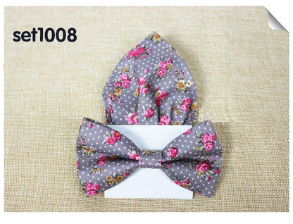 Floral Cotton Bow Tie Set Paper Pocket Square Classic Handkerchief Bowknot for Men Wedding Accessories