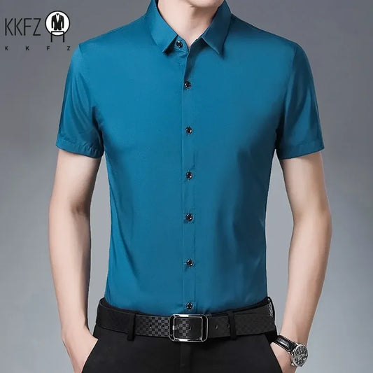Men's Business Casual Solid Color Short Sleeved Shirt Non Ironing Comfortable Top